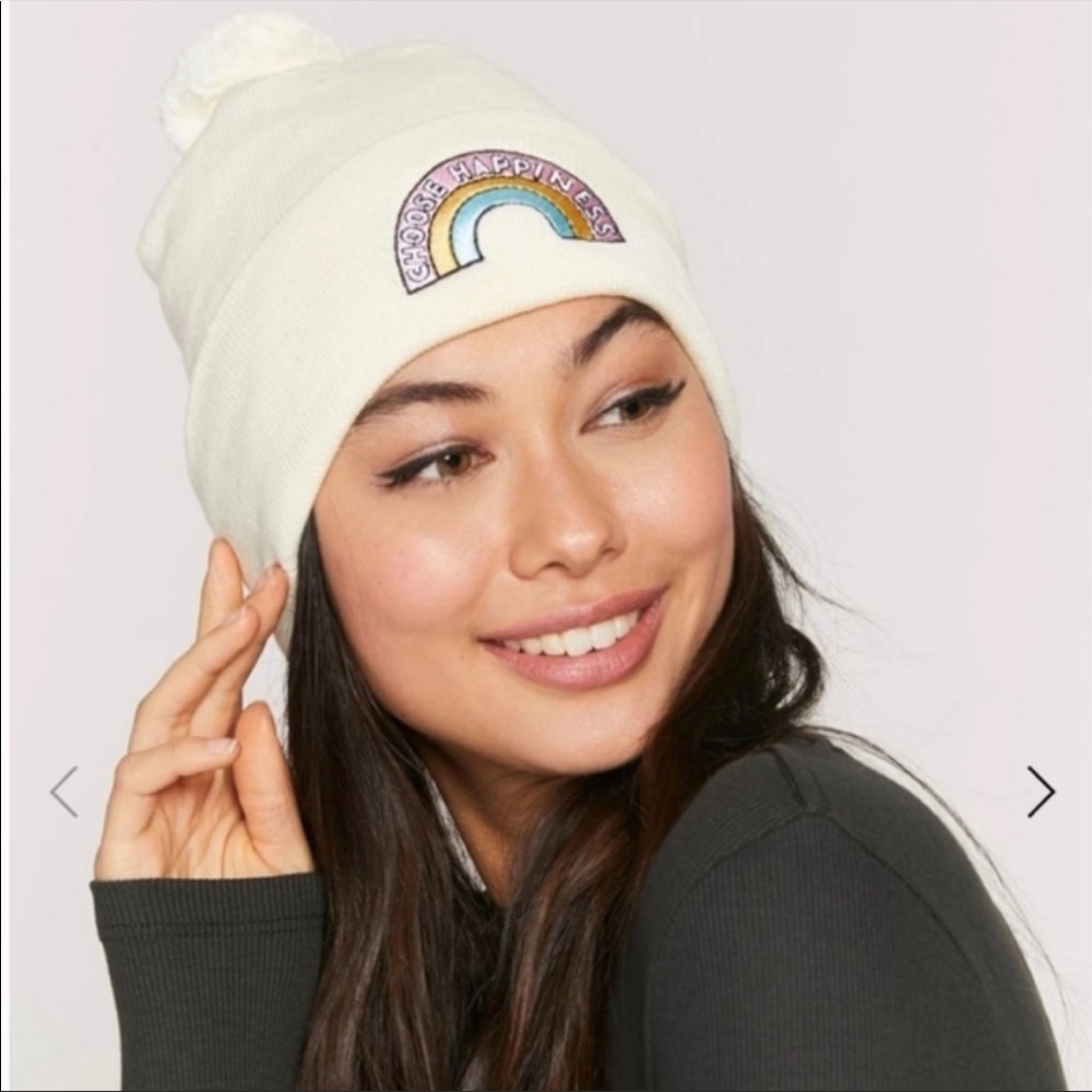 Spiritual Gangster Choose Happiness Pom Beanie in Stone